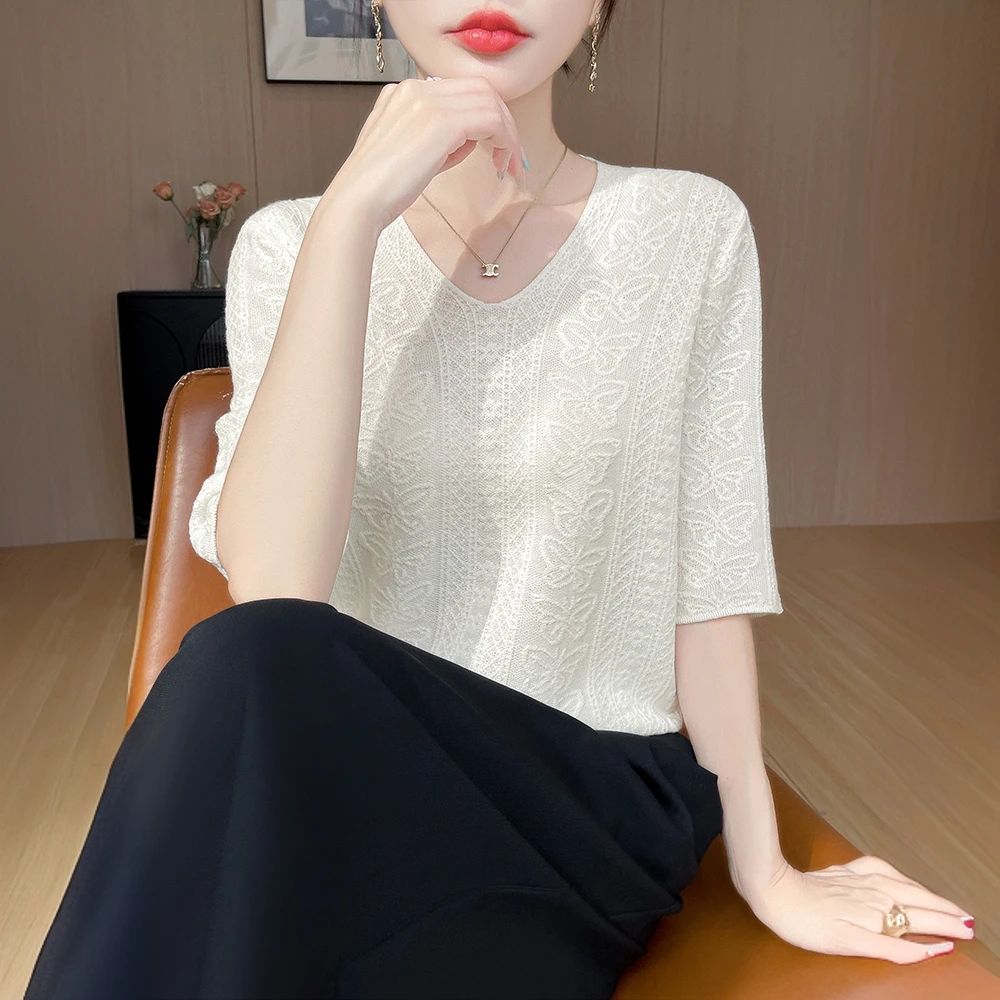 V领莱赛尔短袖T恤女夏季薄款提花上衣宽松显瘦时尚百搭外穿针织衫