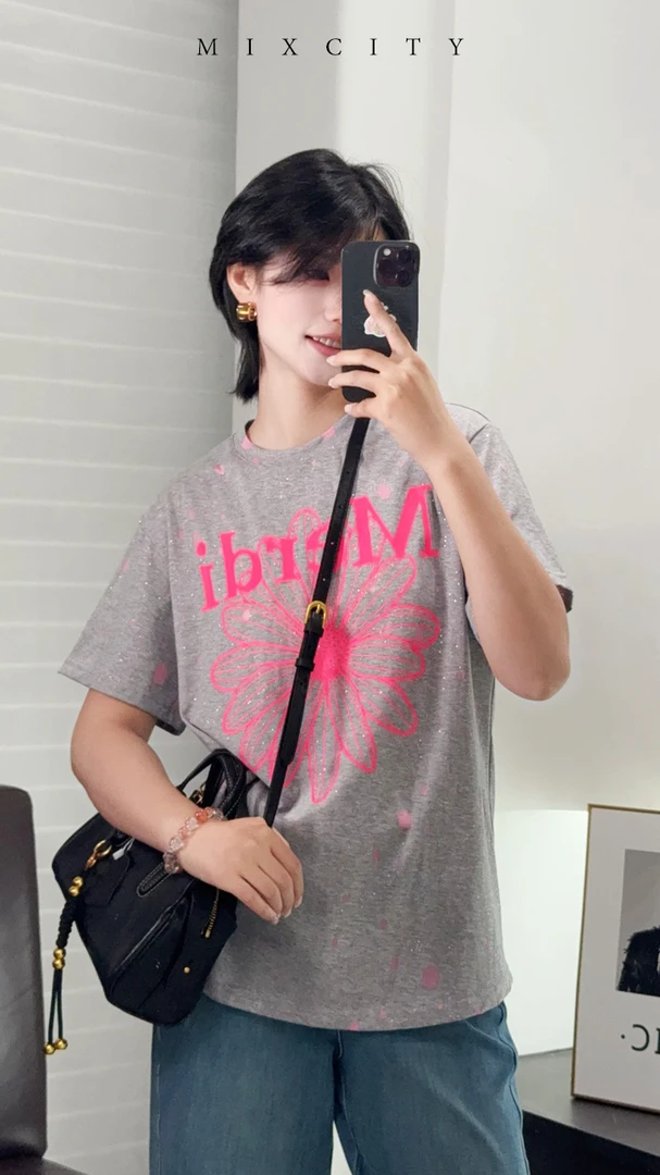 【亚楠本楠】彩菊T◆银光闪烁破洞网纱小雏菊印花T恤7917