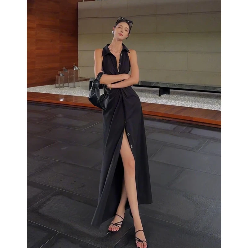 设计感小众气质开叉小众扭结衬衫连衣裙女2025夏季收腰纯欲长裙女