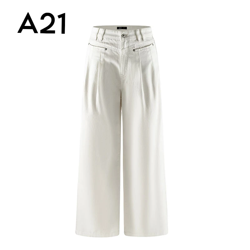 A21女装高腰阔腿白色牛仔长裤F452226023