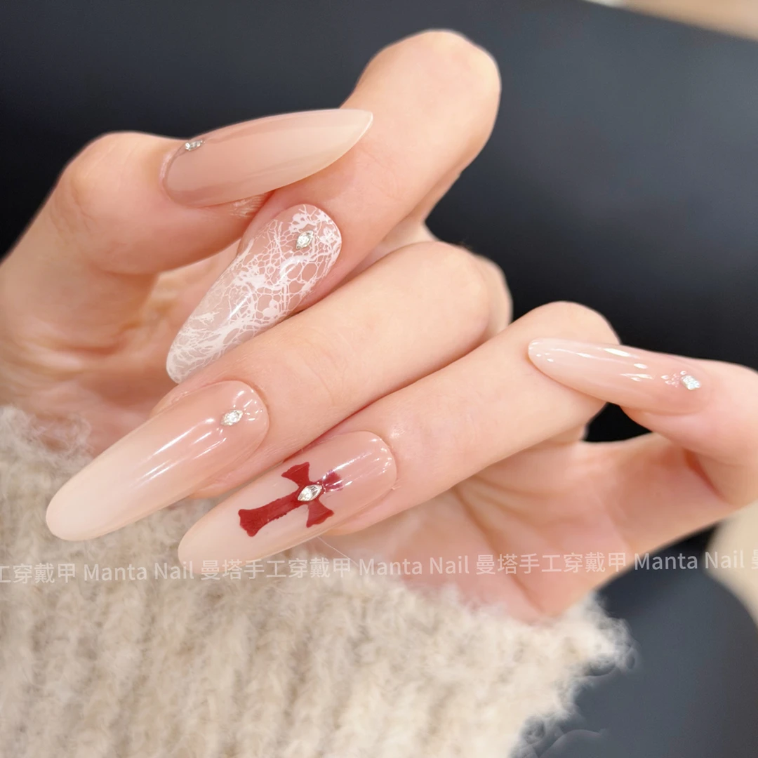 修女｜蕾丝转印新款克罗心锆石经典显白纯手工穿戴甲