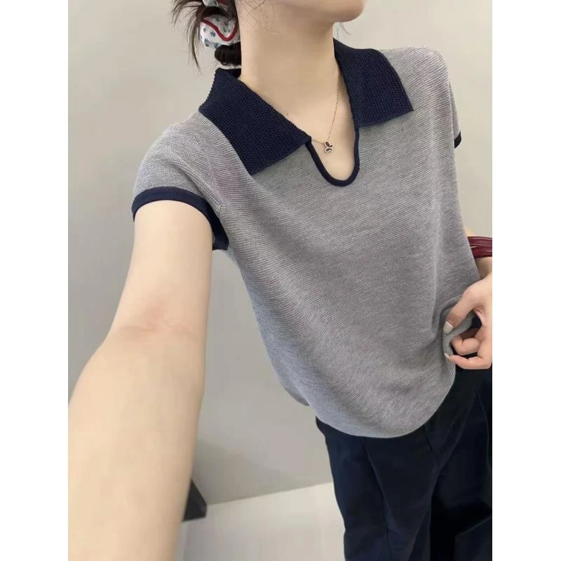 法式polo领撞色针织短袖上衣女时尚设计感小众别致短款5196
