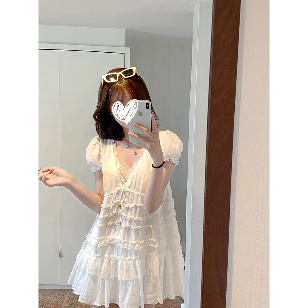【裙摆涟漪】公主袖V领连衣裙夏宽松设计感短款蛋糕裙短袖裙子女