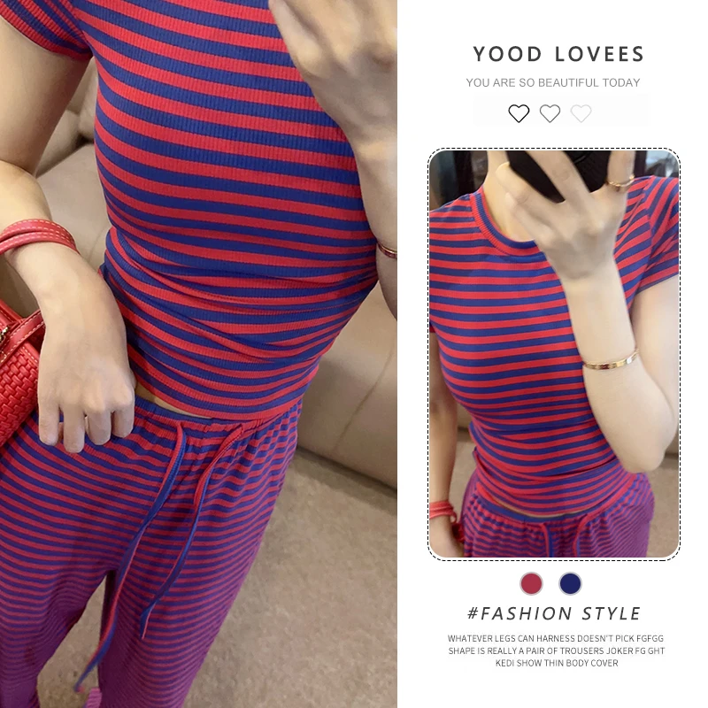 欧货短袖T恤+休闲阔腿裤条纹套装时尚洋气减龄显瘦遮肉两件套女夏