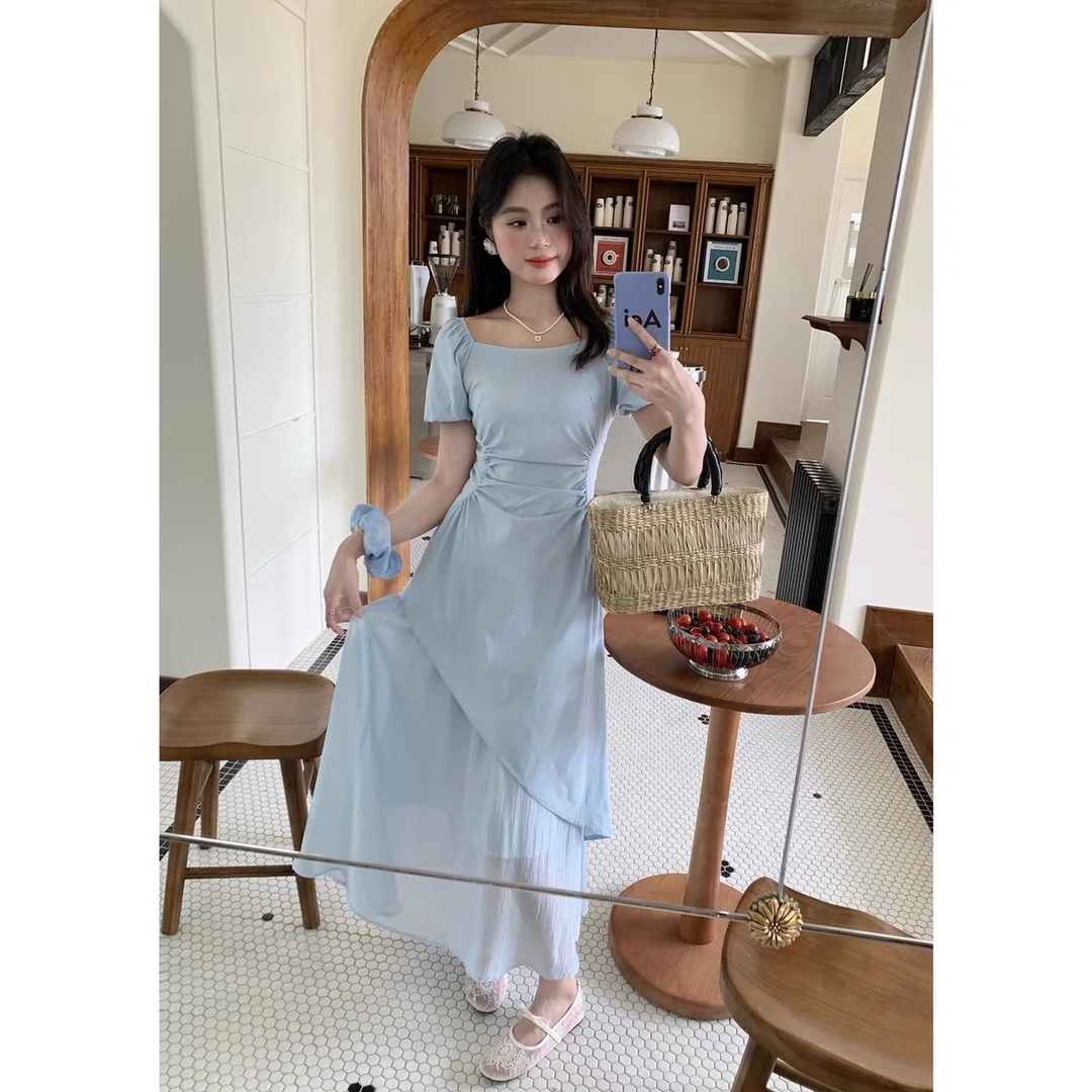 褶皱法式拼接连衣裙泡泡袖法式通勤风X型方领