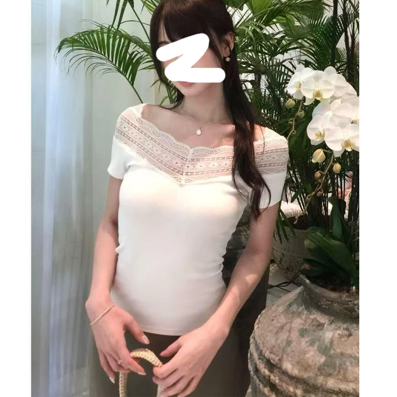 辣妹新款夏季纯欲风性感短袖T恤法式V领绑带蕾丝拼接设计感上衣女
