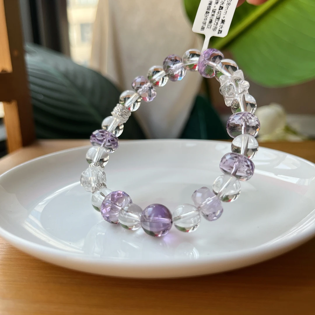 【郭老师】约8.5-11mm白水晶紫水晶银配件DIY手串