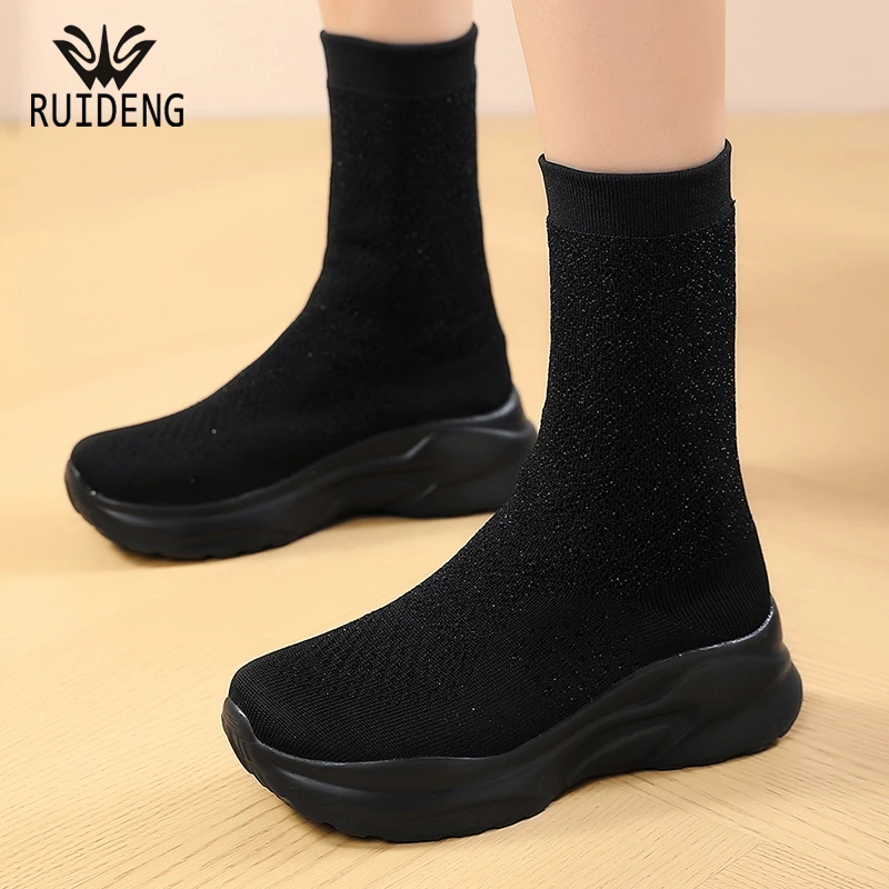 冬季新款厚底中筒靴袜子靴短靴网面不过膝瘦瘦骑士靴女靴子老爹鞋