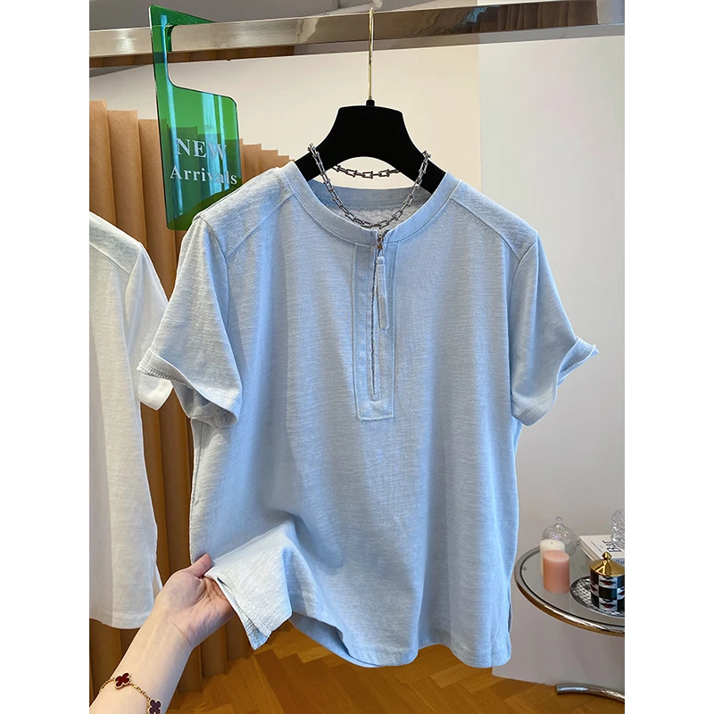 圆领半拉链t恤女短袖2025新款宽松休闲下摆开叉薄款打底衫上衣夏