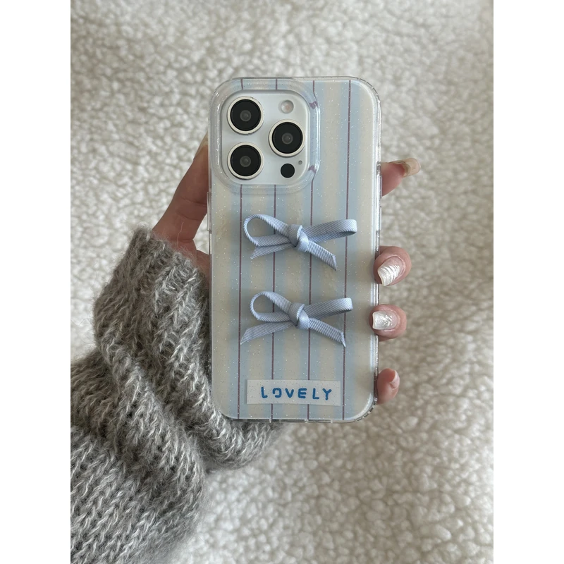 ins风温柔细闪蓝条纹立体蝴蝶结适用16手机壳15pro全包个性14软边