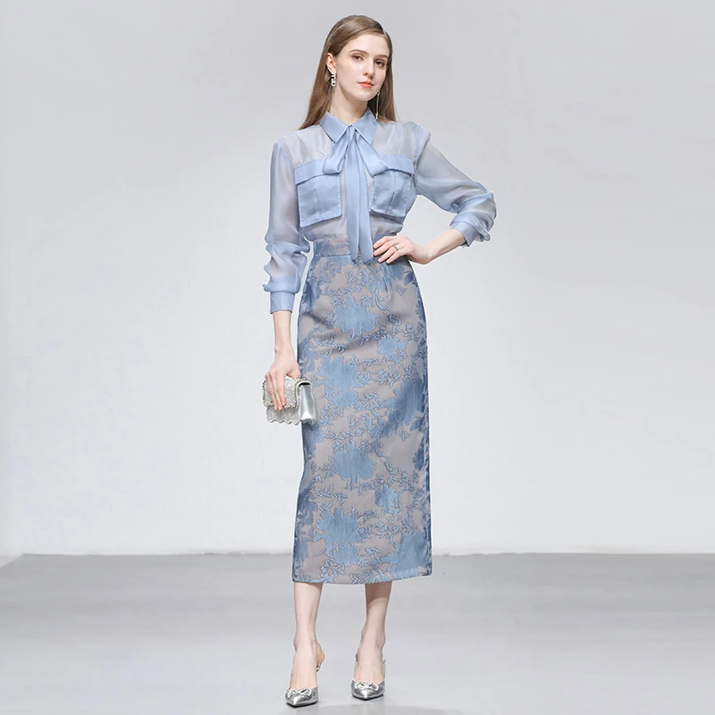DF-秋新法式宽松薄纱半透衬衫提花直筒半裙套装GC35093AGC35142B