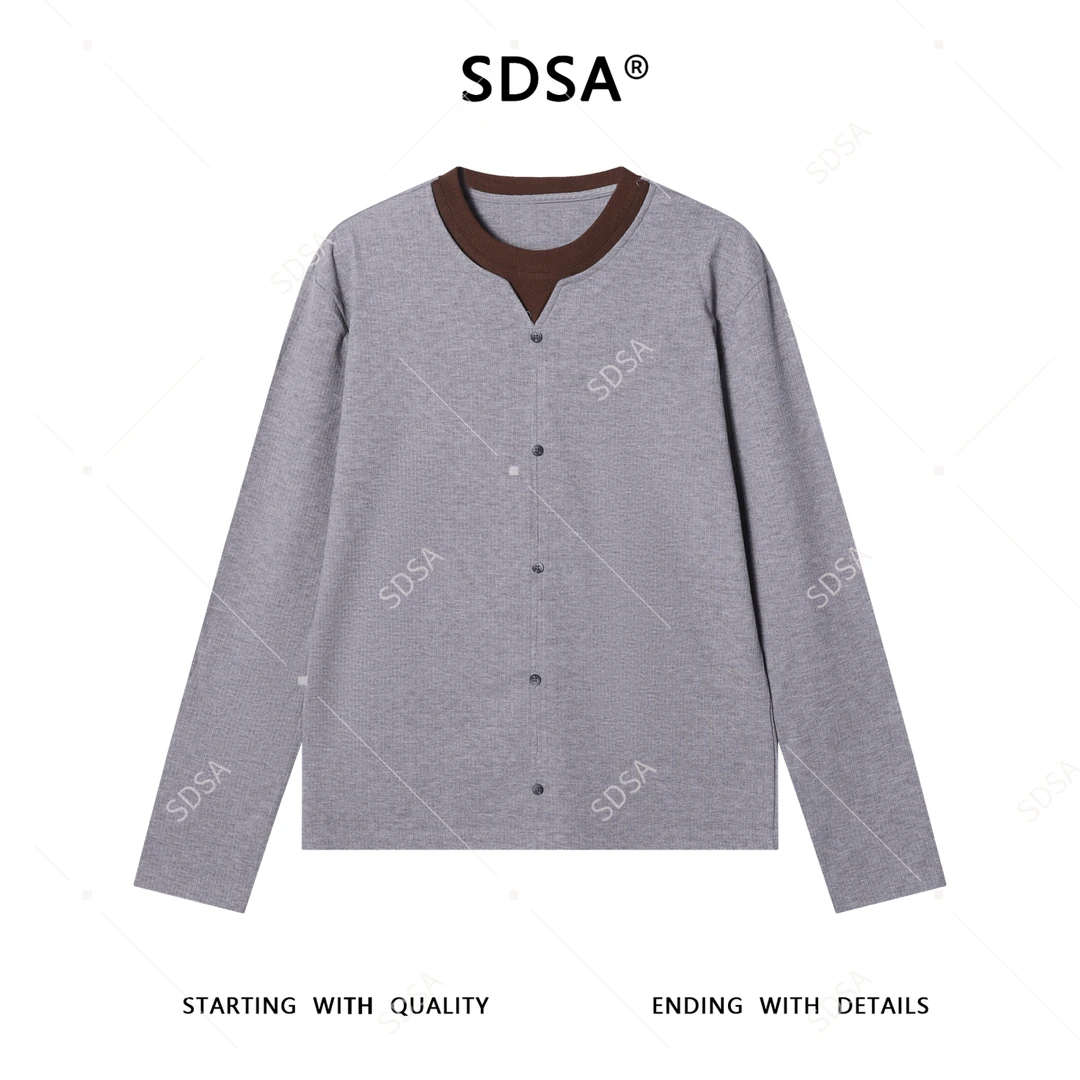 SDSA男士秋冬新款痞帅男装极简风撞色假两件长袖T恤纽扣百搭上衣
