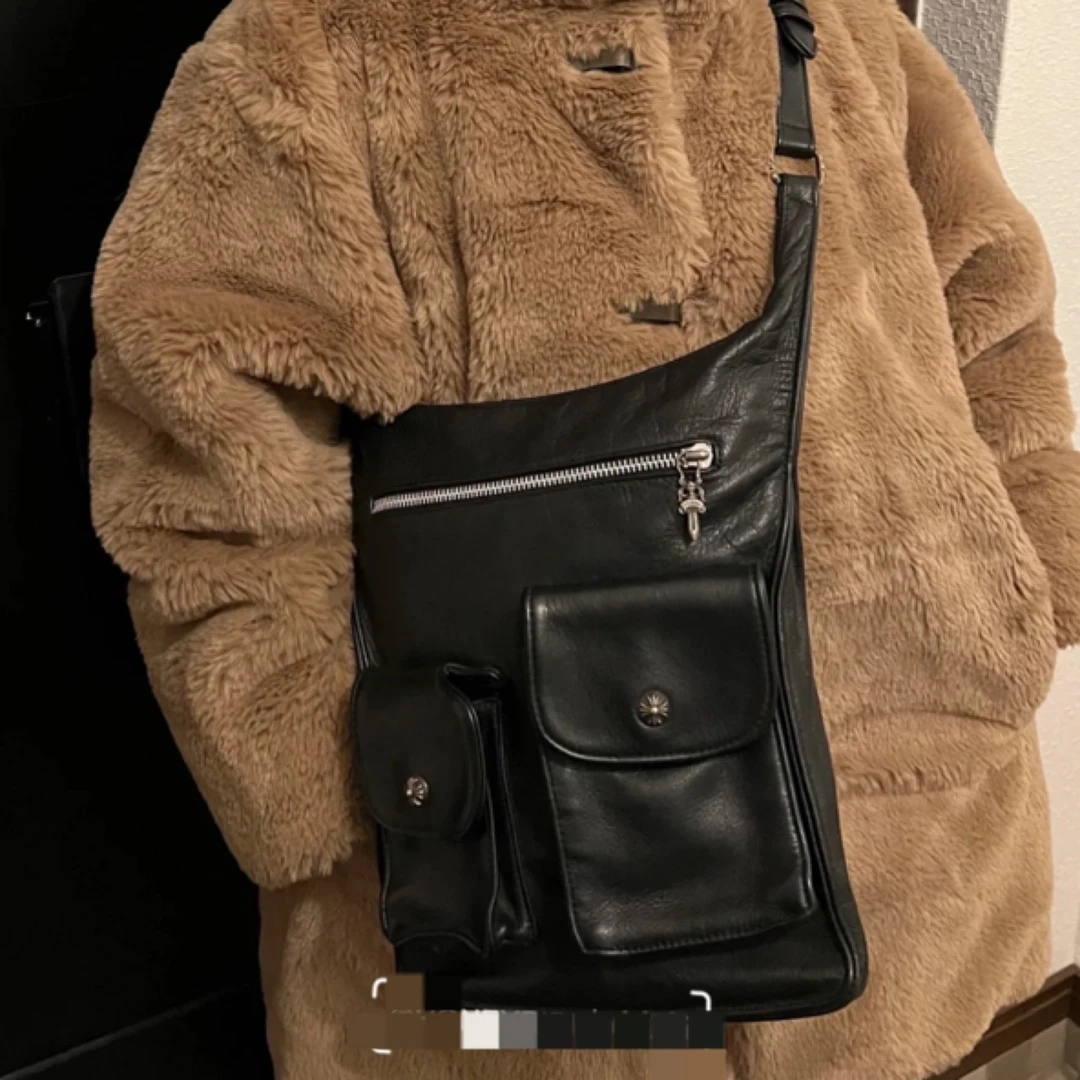 95新  只盒/CH克罗心黑银全皮双袋邮差包