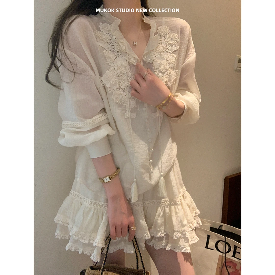 MUKOK 刺绣长袖木耳边衬衫花边短裙时尚套装