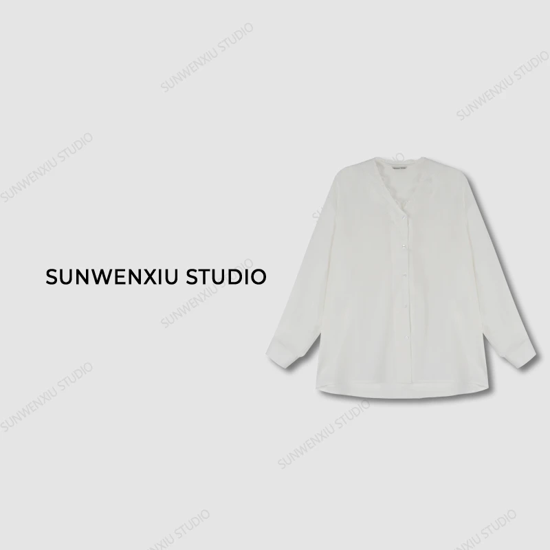 swx studio3店 “白色情书”天丝亚麻韩系简约气质蕾丝拼接V领衬衣
