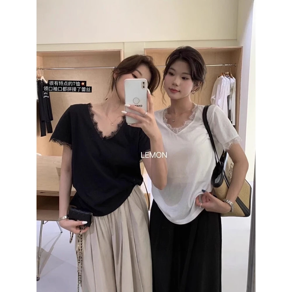 夏季新款韩版蕾丝花边V领短袖T恤女宽松百搭上衣薄款纯色打底衫