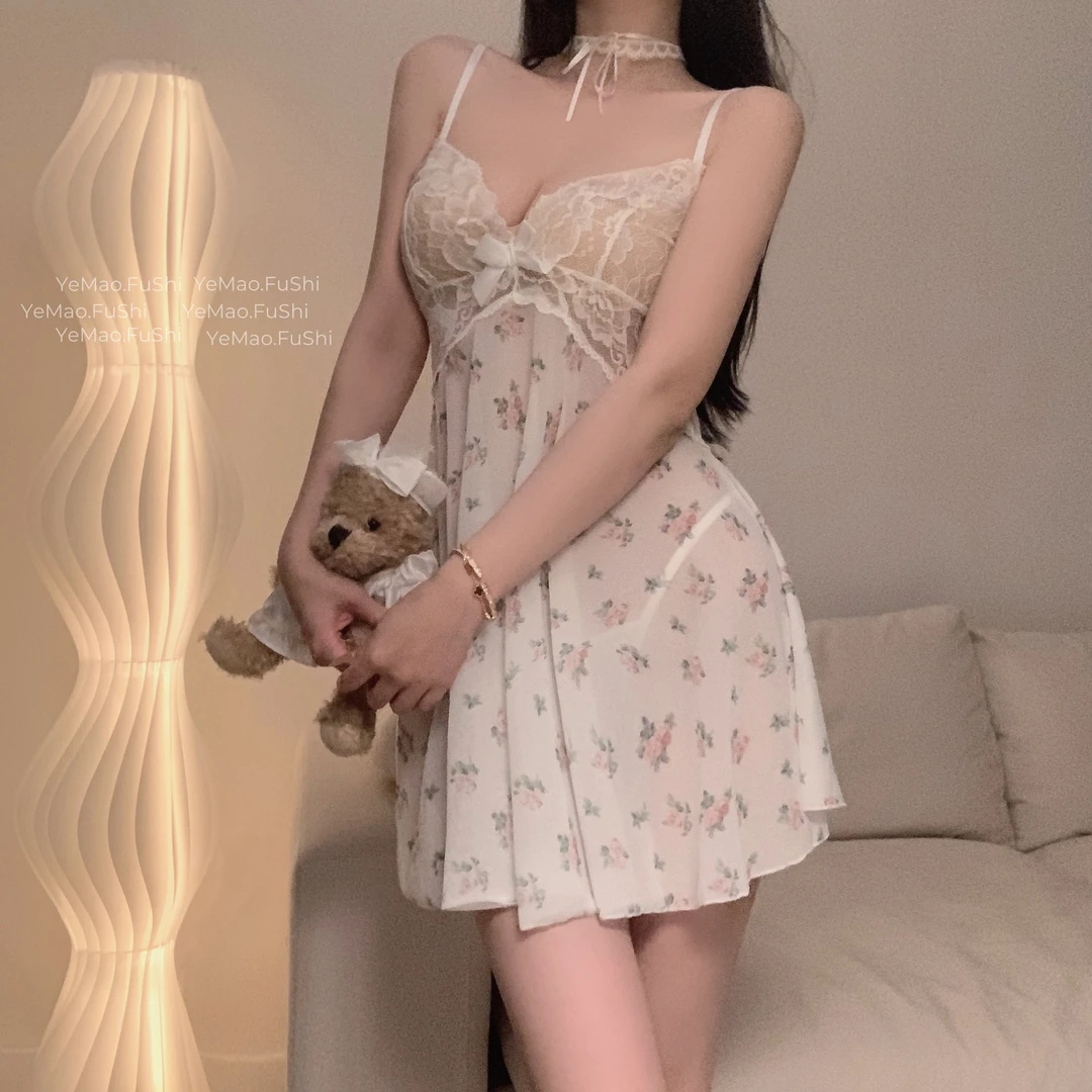 【80~120斤】女生性感纯欲碎花成人连体夏季吊带战袍蕾丝连衣裙睡裙