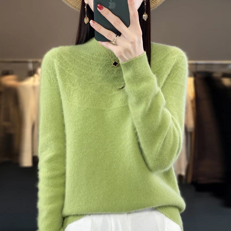 商场同款一线成衣半高领镂空羊毛衫女纯色大码毛衣针织打底衫D559