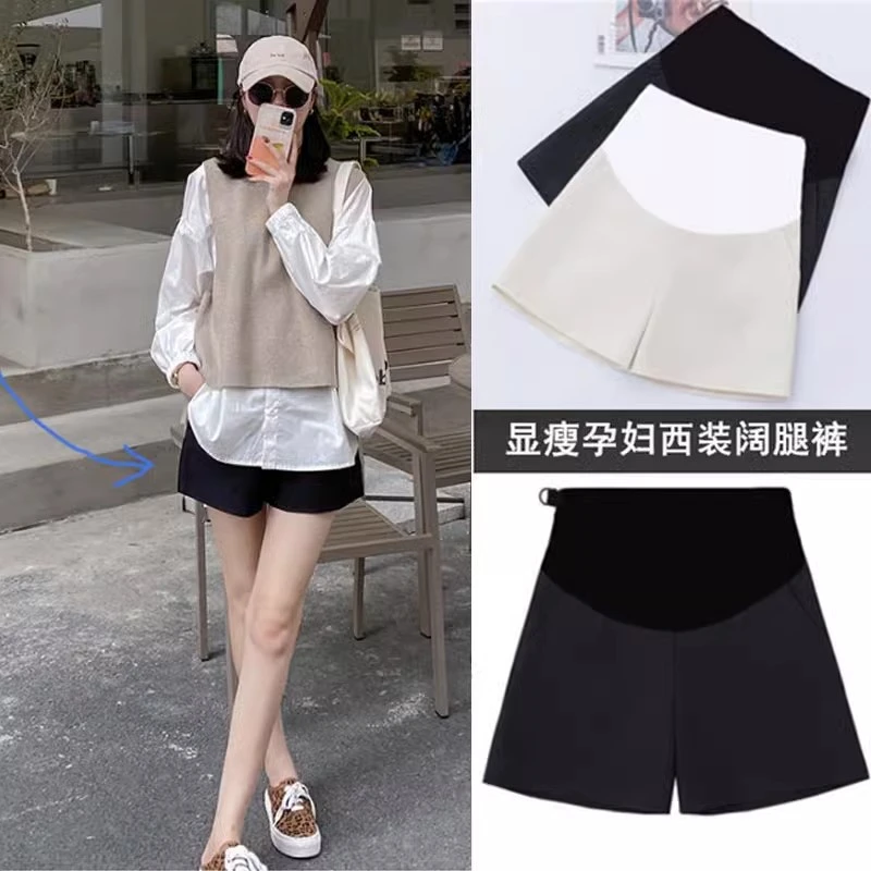 夏季黑色孕妇装西装裤阔腿裤短裤a字外穿休闲孕期小个子托腹裤子