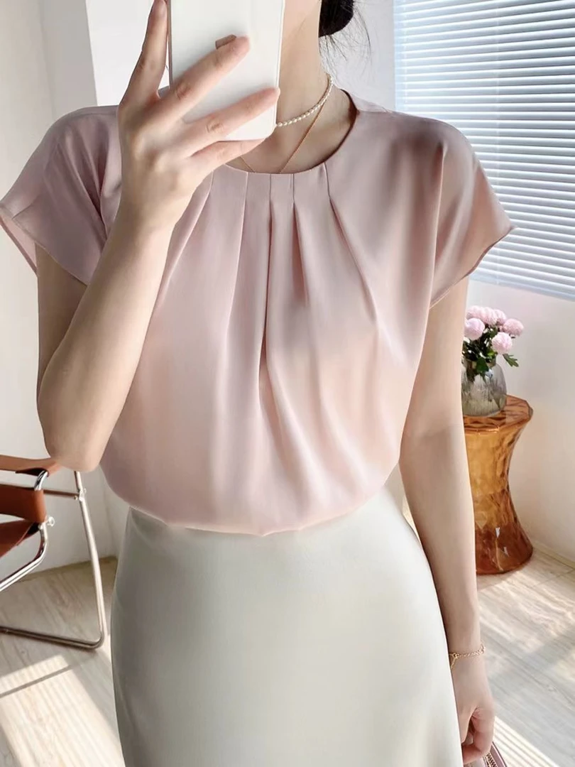 气质优雅褶皱圆领衬衫上衣女2025新款大码遮肚胖mm宽松遮肚雪纺衫