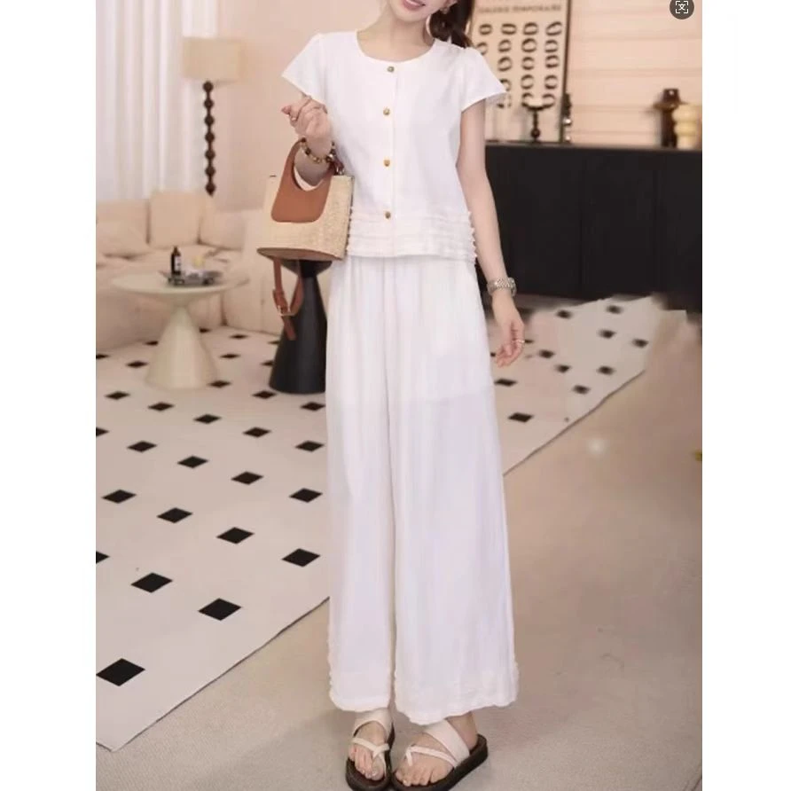 小飞袖套装单排扣上衣+直筒阔腿裤套装胖MM大码显瘦遮肉套装