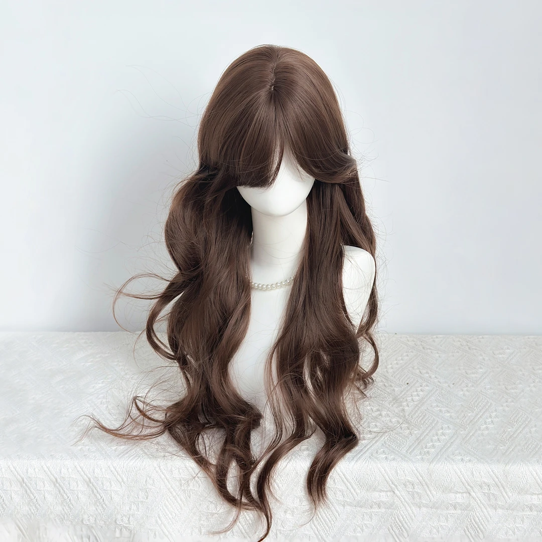 巧克力棕色假发女长卷发古早微斜刘海日系氛围感大波浪假发全头套
