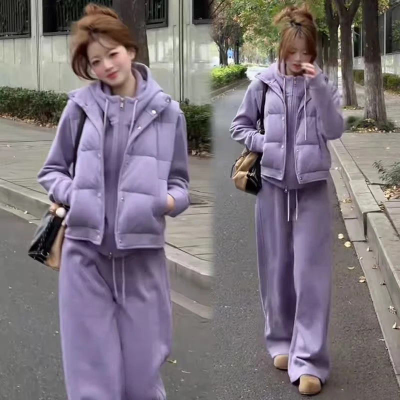 拉夏贝尔时尚加绒套装女秋冬季2025新款马甲连帽卫衣阔腿裤三件套