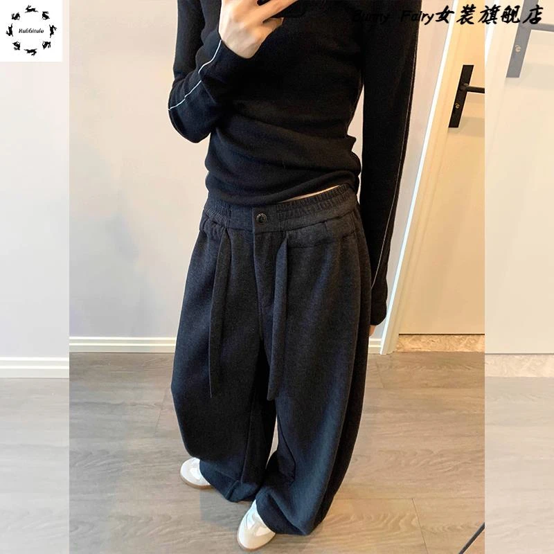 2025秋冬加厚保暖松紧腰休闲卫裤慵懒感显瘦天花板简约百搭阔腿裤