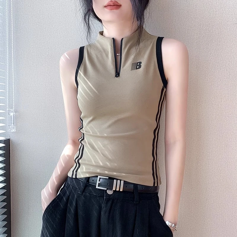 拉链立领背心女2025春夏新款修身字母内搭打底衫双色运动无袖上衣