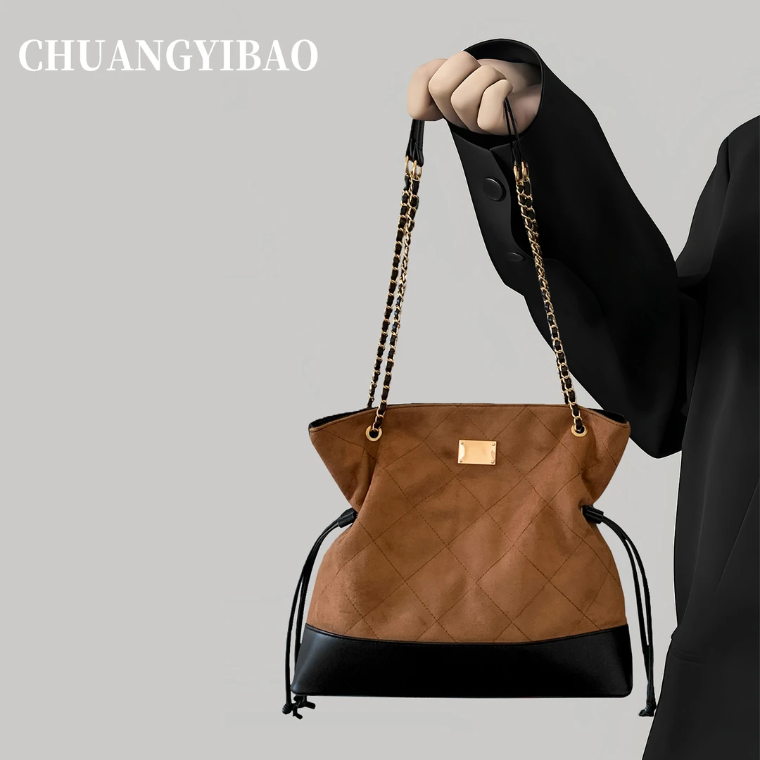 复古磨砂菱格链条水桶包包女包2025新款轻奢小众高级感秋冬托特包