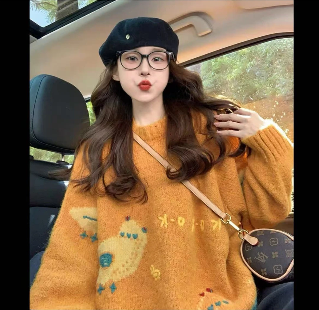 韩系可爱卡通减龄加厚软糯慵懒风复古针织毛衣