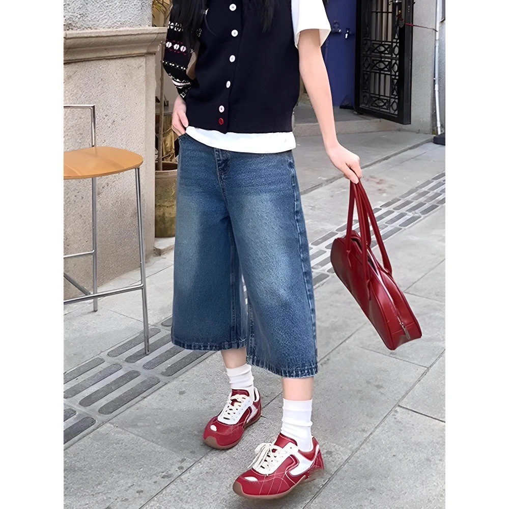 复古蓝牛仔短裤女春季新款高腰宽松阔腿裤直筒中裤-8811