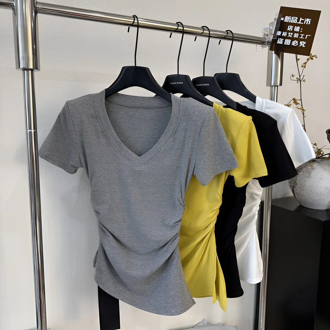 不规则下摆收腰短袖修身V领上衣夏季设计感显瘦纯色短袖气质T恤女