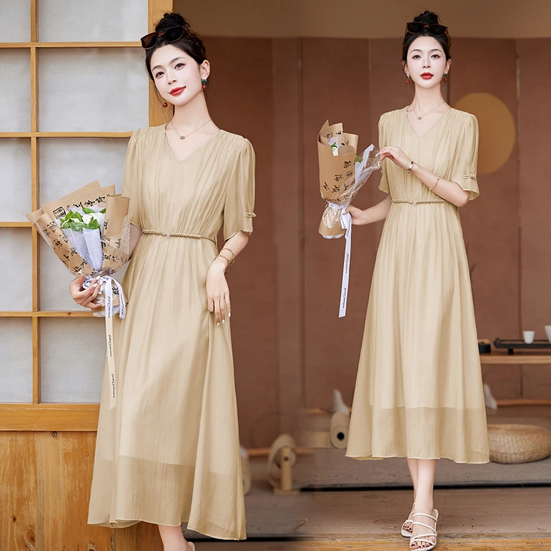 天丝雪纺连衣裙女夏季2025新款高级感时尚气质收腰显瘦中长款裙子