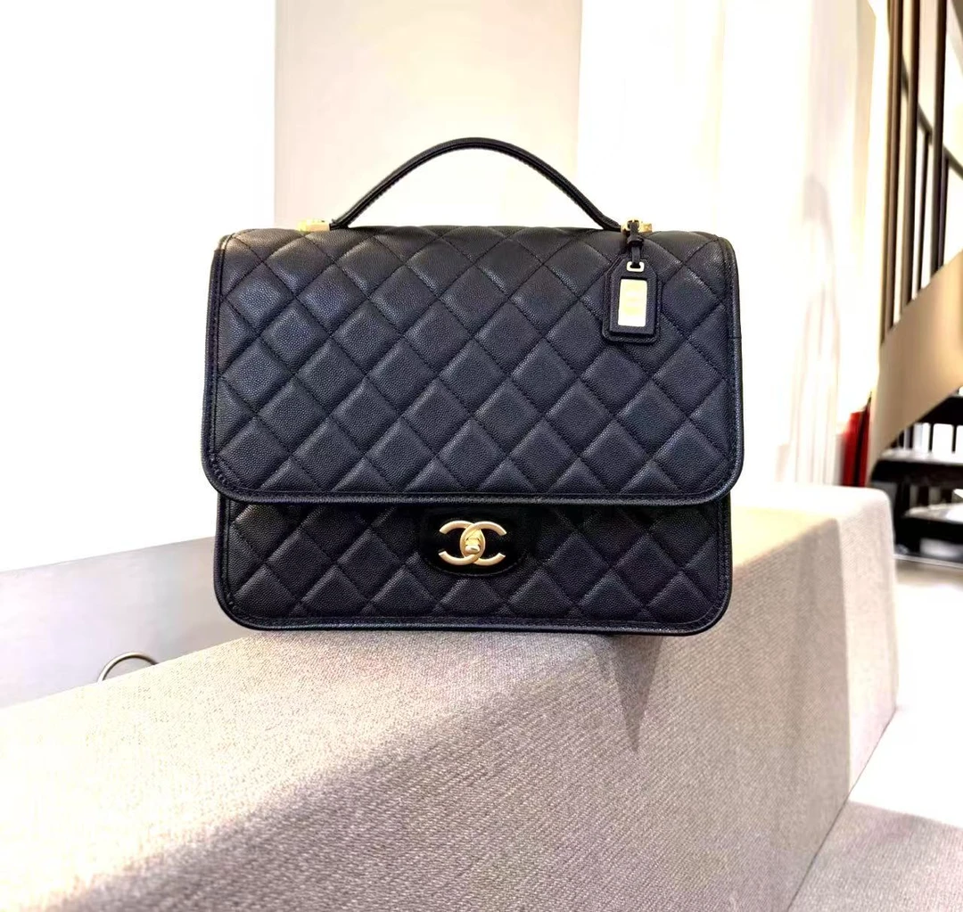 99新 Chanel/香奈儿 黑金荔枝皮双肩包 芯片款 17441135