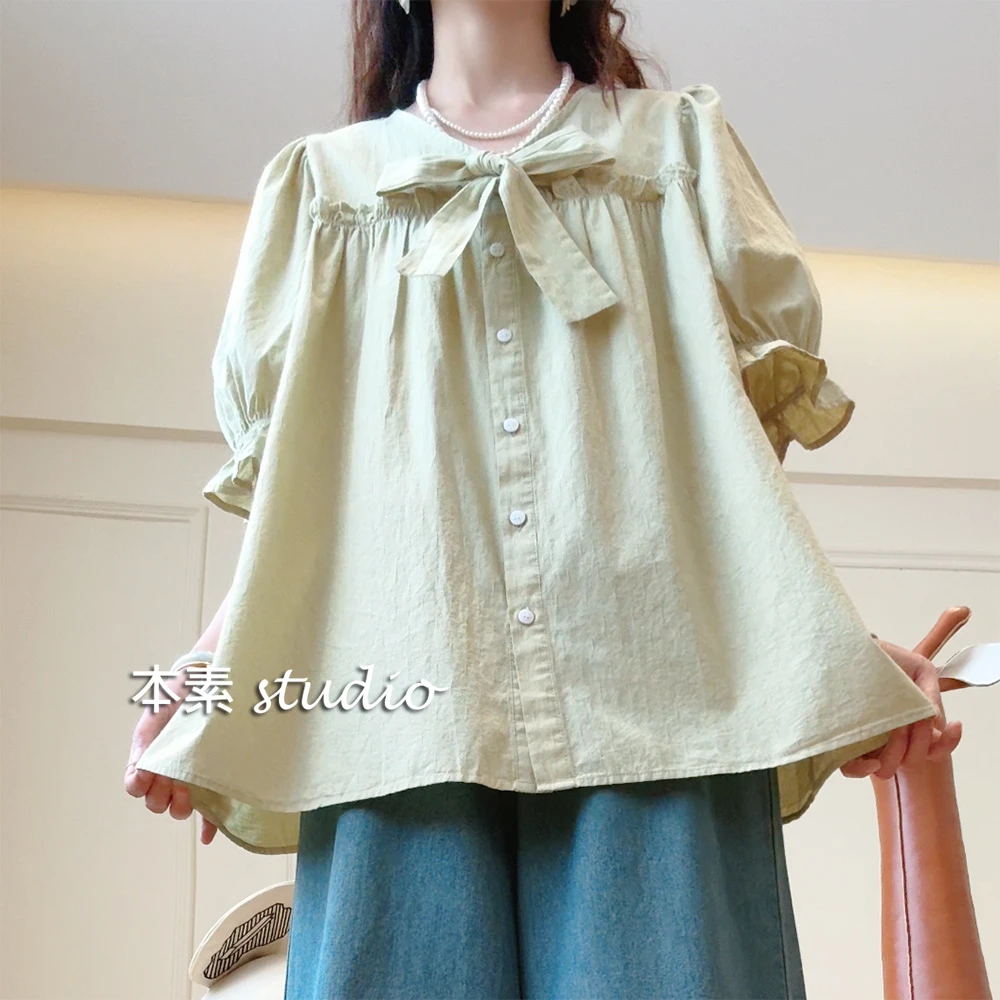薄荷曼波MNY2603木耳边全开扣蝴蝶结系带V领短袖衬衫