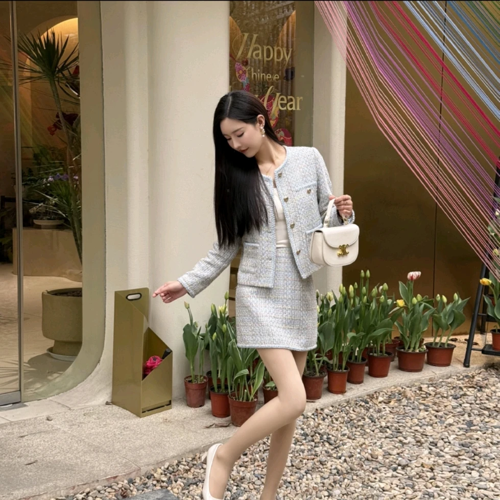 慧慧【蓝岛恋人】蓝色小香风套装女2025秋款新款时尚显瘦气质两件套