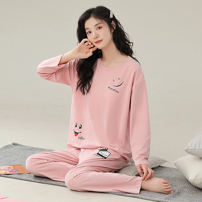 2328女士睡衣春秋季纯棉长袖圆领秋冬家居服套装加大码