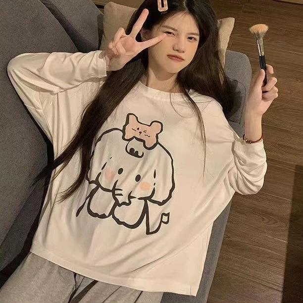 2025春秋季少女款长袖套装大学生睡衣可爱卡通圆领家居服卡通小象