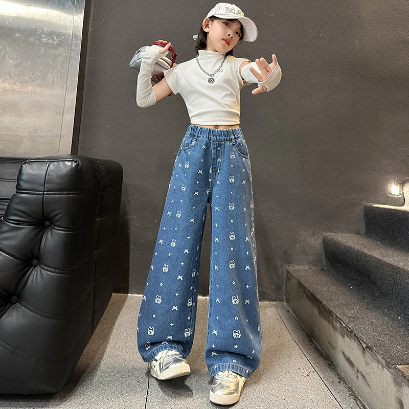 女童牛仔裤春秋款2025秋季新款6-12岁15中大童洋气百搭休闲阔腿裤