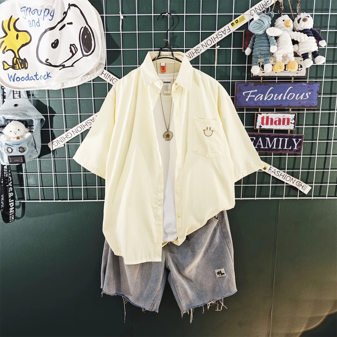 夏季薄款条纹衬衫男高级感痞帅潮牌短袖衬衣短裤套装男生搭配一套