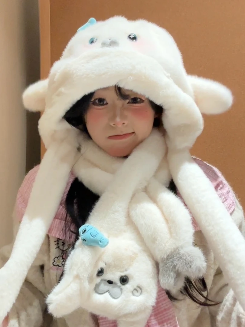 原创自制小海豹帽帽卡通可爱可动耳帽子秋冬情侣骑行防风包头帽