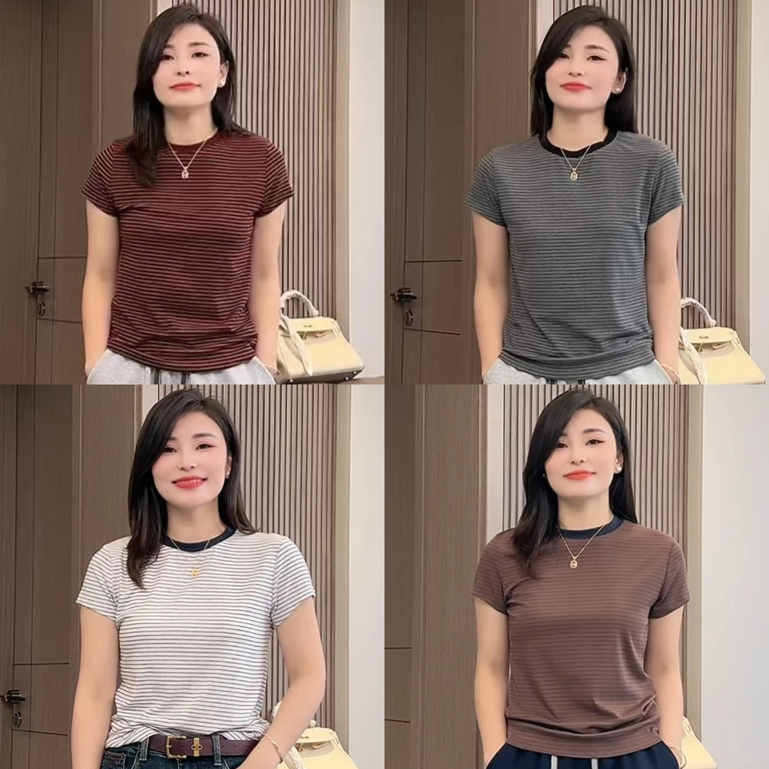 251181-【万年条】休闲百搭撞色圆领条纹T桖