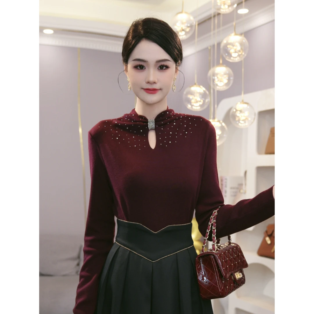 2025秋冬新款【JR-12】含绵羊毛爆款女装酒红色精致打底针织衫毛衣