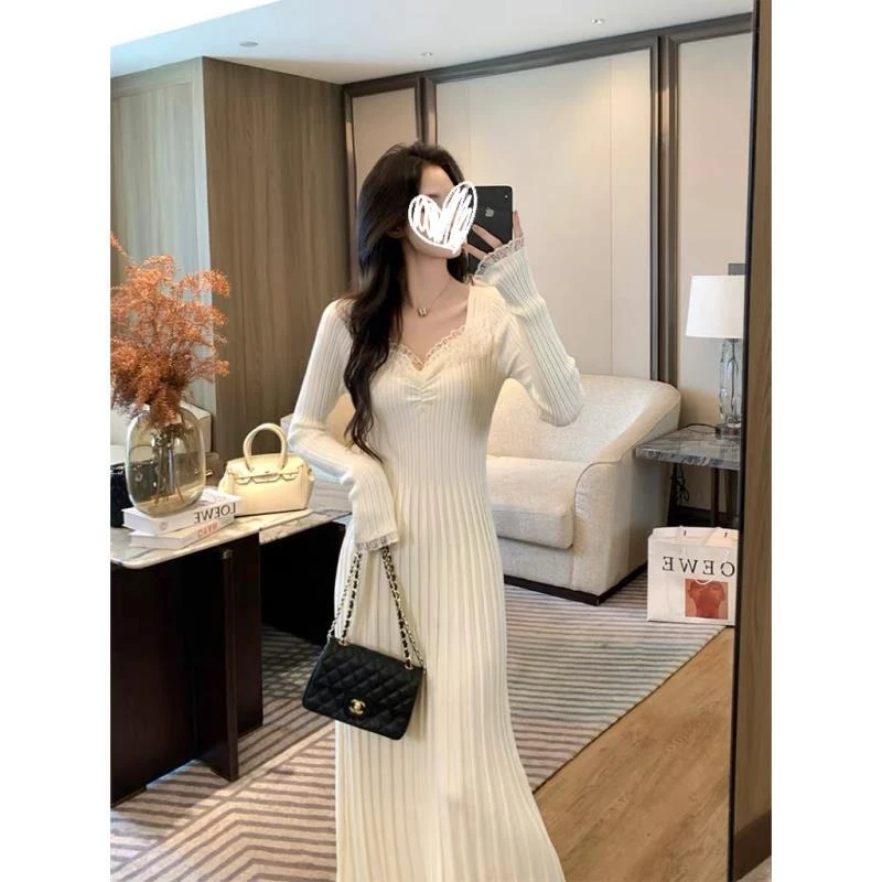 2025法式蕾丝拼接温柔针织连衣裙气质美女甜美优雅休闲长裙