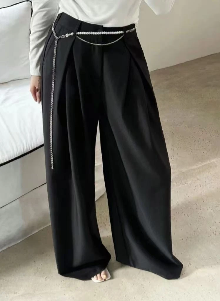 【99962】DM#高腰褶皱宽松休闲裤【配链条】