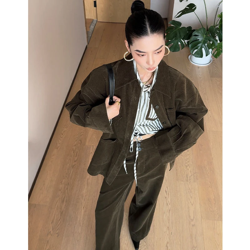 【绿野牧歌】双侧开衩灯芯绒衬衫外套+休闲裤分割设计百搭休闲裤