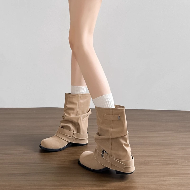 FBYB西部牛仔裤管短靴女2025新款秋季粗跟褶皱堆堆靴复古英伦风马