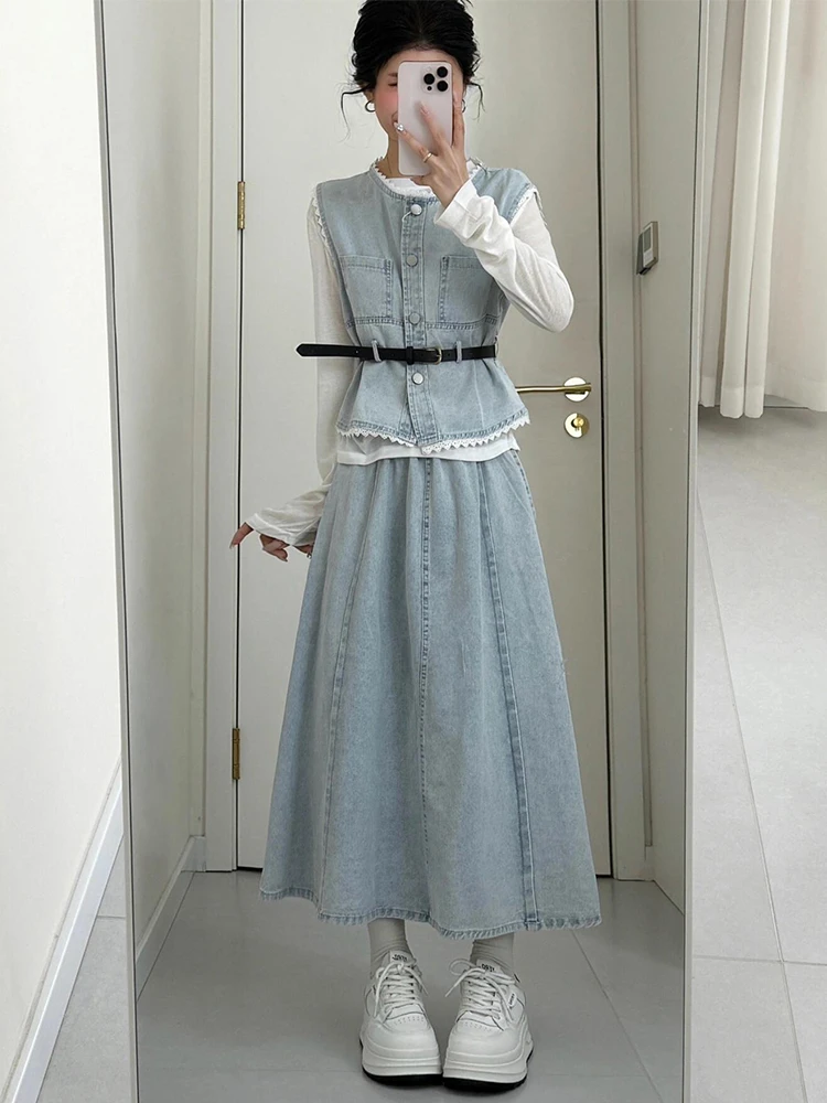 2025春夏新款高级感牛仔套装女长袖打底蕾丝拼接马甲半身裙三件套