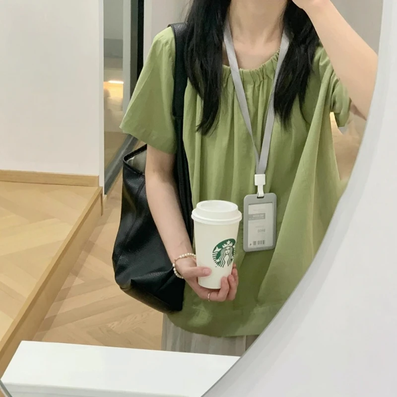 法式设计感绿色凉感适气短袖衬衫女夏后背纽扣娃娃衫衬衣罩衫上衣